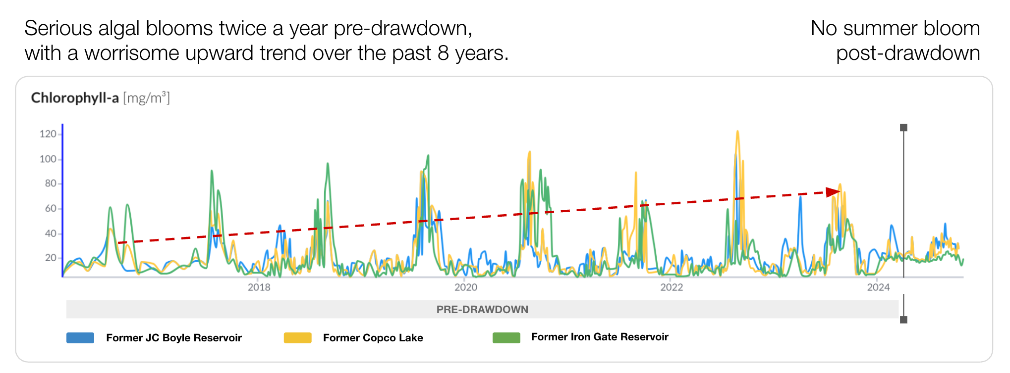 Chlorophyll-a time series chart 2016–2024 showing algal blooms at former JC Boyle, Copco, and Iron Gate reservoirs — rising pre-drawdown trend with dashed line, bloom collapse visible after dam removal in 2024