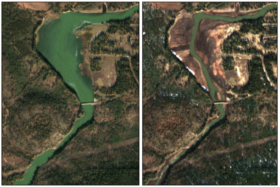 Sentinel-2 before and after imagery of J.C. Boyle Reservoir — green reservoir water on left, exposed sediment and dry riverbed on right after dam removal