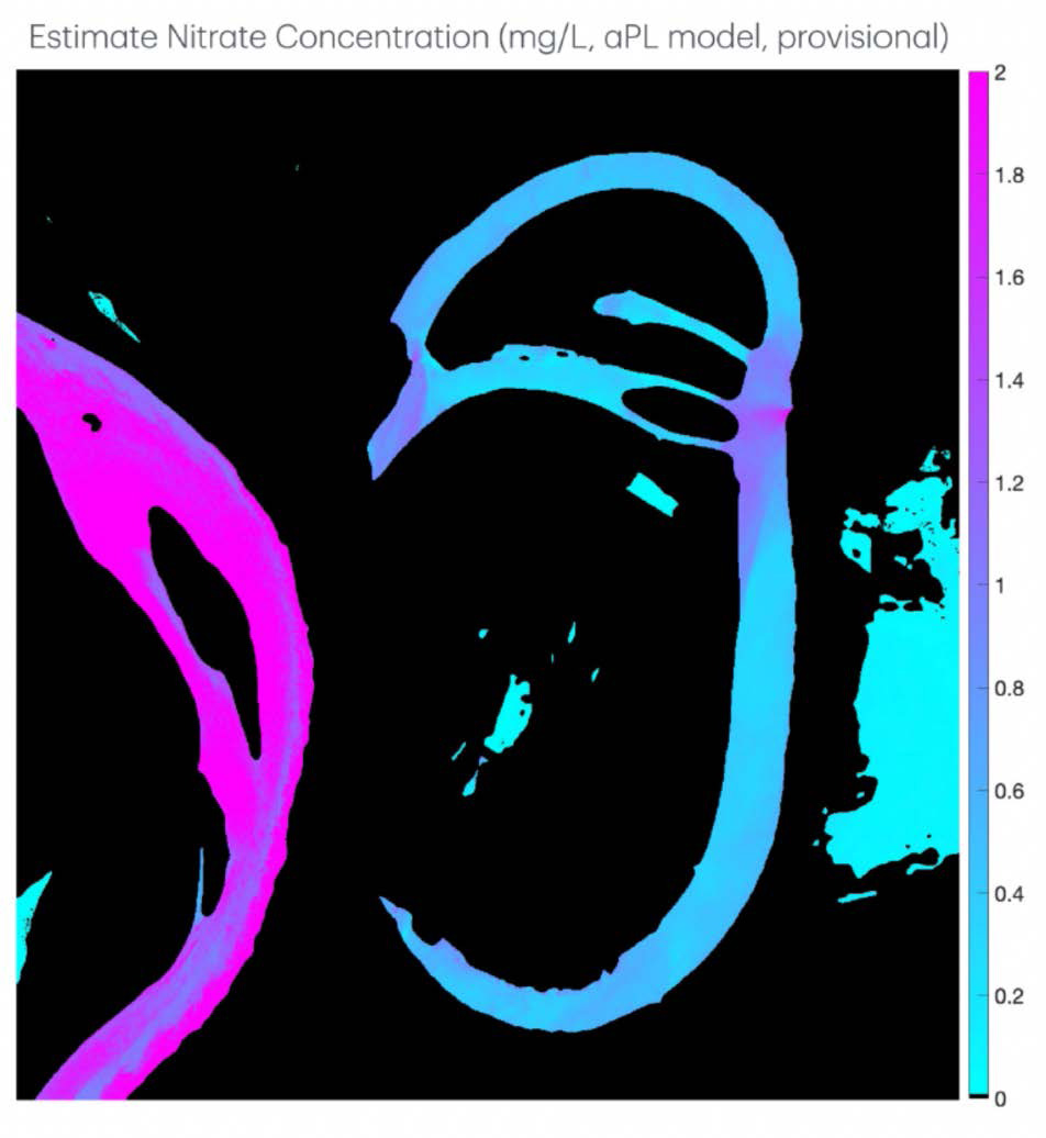 Estimated nitrate concentration map of Loch Leven floodplain — magenta indicates Mississippi River high-nitrate water, cyan indicates treated floodplain water