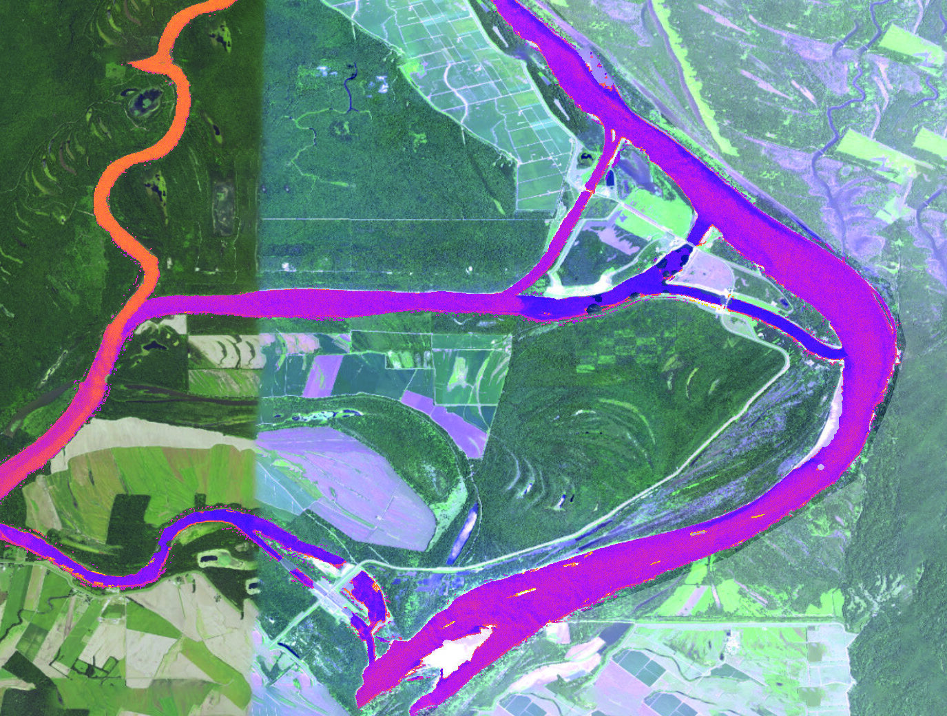 Satellite nitrate mapping overlay on the Mississippi-Atchafalaya confluence — pink/magenta tones indicate nitrate concentrations